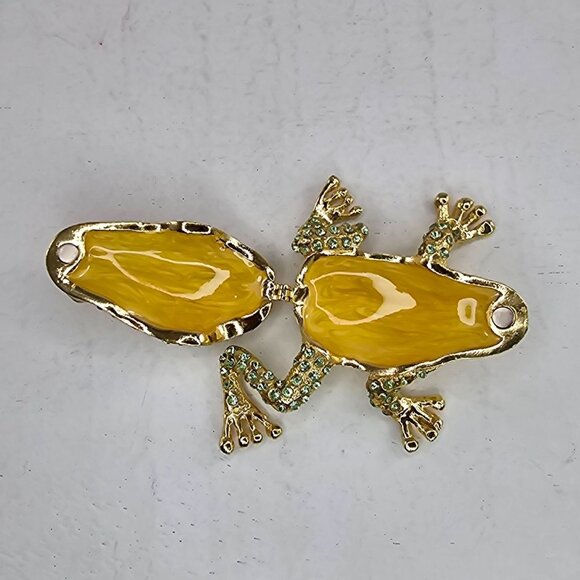 Gold Tone Frog Trinket Box Green Rhinestones Hinged Lid Small Jewelry Storage - Picture 5 of 6